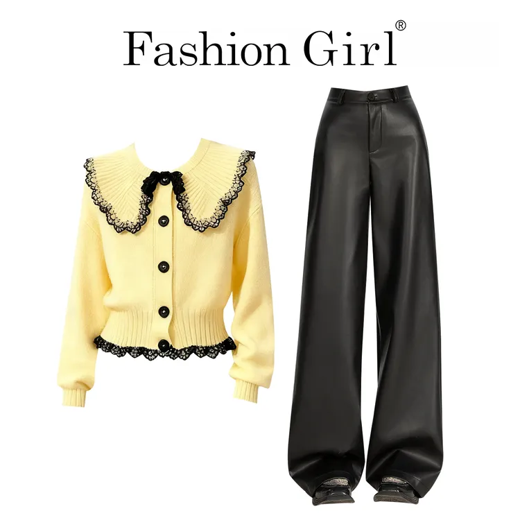 2025秋冬巨好看黑色皮裤高级感黄色娃娃领蕾丝拼接针织毛衣女套装