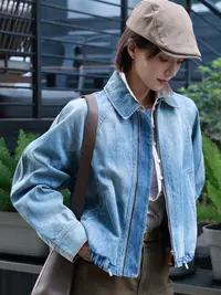 【商场同款】2025秋季新款复古显瘦翻领宽松短款抽绳长袖牛仔外套女