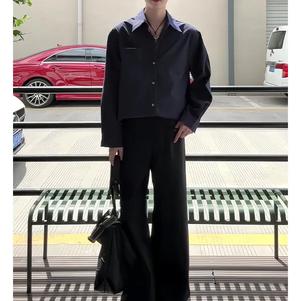 cleanfit藏青色长袖衬衫男生酷帅穿搭套装秋季搭配垂感高级感西裤