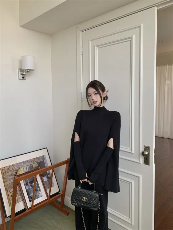 复古气质慵懒宽松套头针织毛衣上衣高腰长裤套装