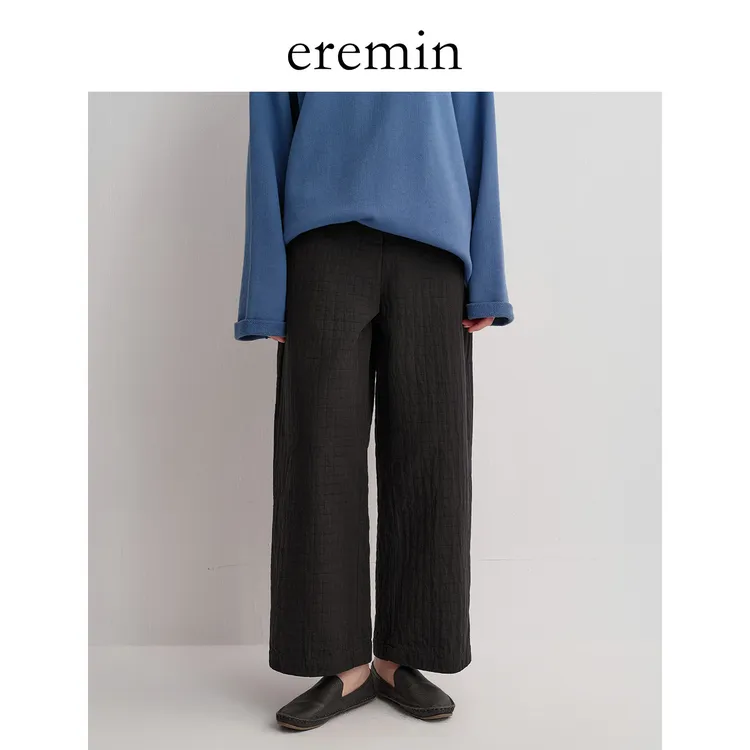 DE Mincollection方块裤/绗缝暗纹简约半松紧九分弯刀休闲裤55651