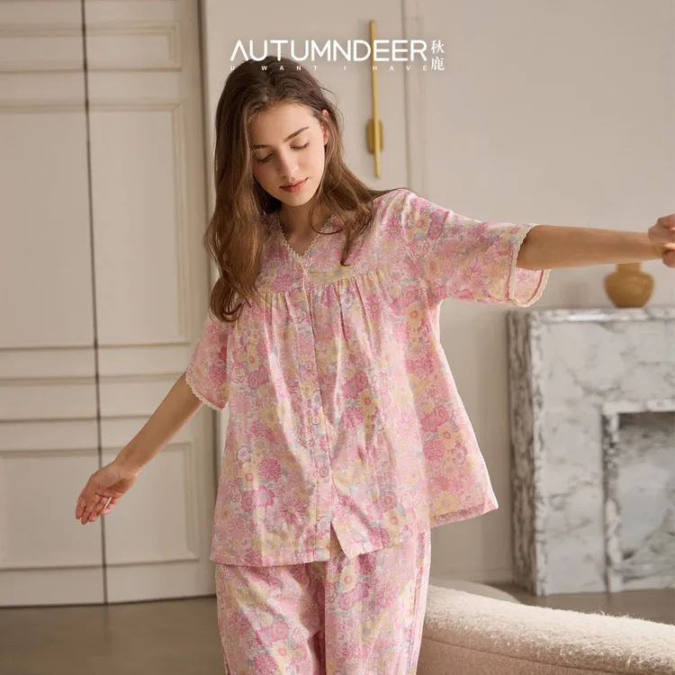 秋鹿爆款【法式田园风】双层纱印花女套碎花宽松家居服睡衣女款夏季