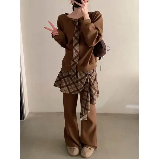 【赵小小&秋日画报】8687 秋季长袖卫衣+小众格子围裙拼接修身长裤