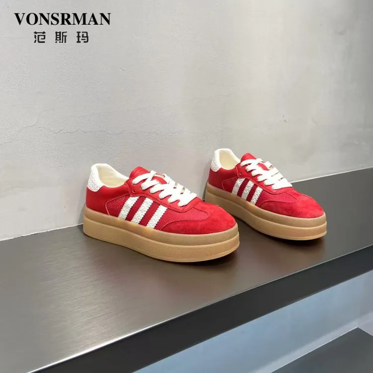 磨砂牛皮增高厚底2025夏新款德训网纱复古百搭舒适透气休闲小白鞋