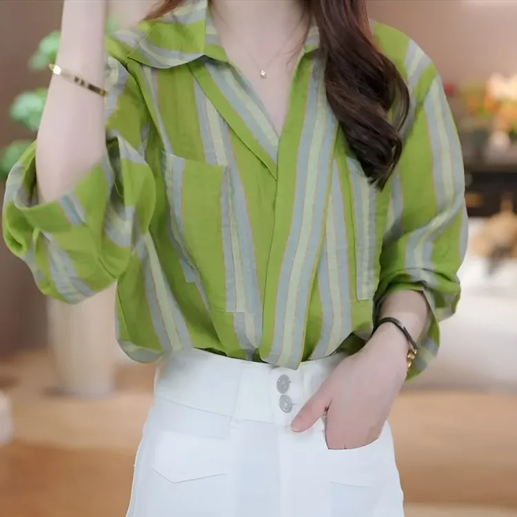 新款春季复古宽松衬衣女条纹休闲搭百搭衬衫
