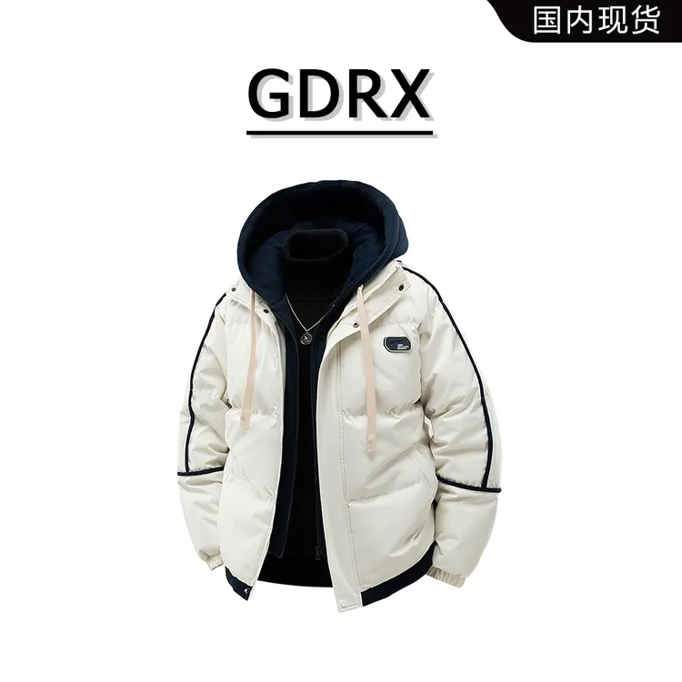 GDRX美式潮流男装假两件棉衣2025冬季新款撞色拼接保暖棉服外套男