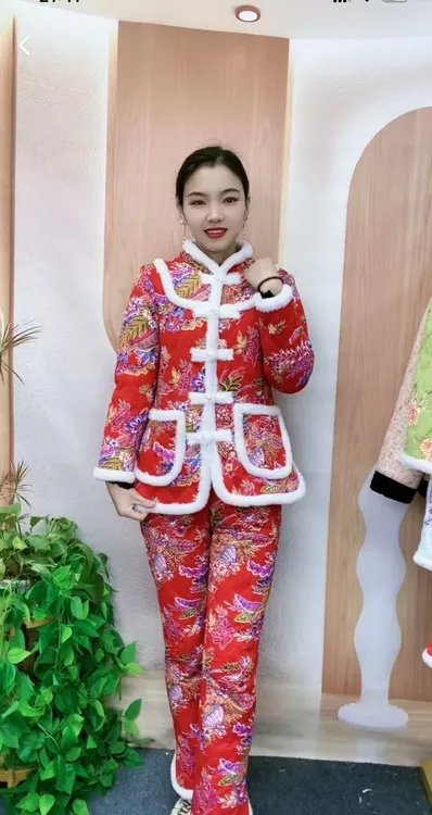 新款冬季时尚中国风加绒加厚保暖冬款套装民族风喜庆网红