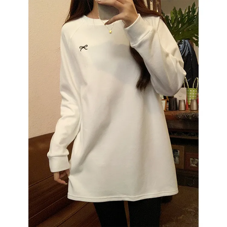 刺绣中长款打底衫插肩袖长袖t恤女春秋纯色遮屁股搭配鲨鱼裤上衣1