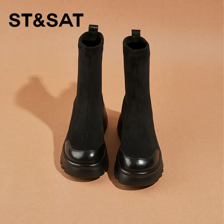 星期六6cm厚底弹力瘦瘦靴2025冬季款绒面马丁靴中筒袜靴松糕短靴