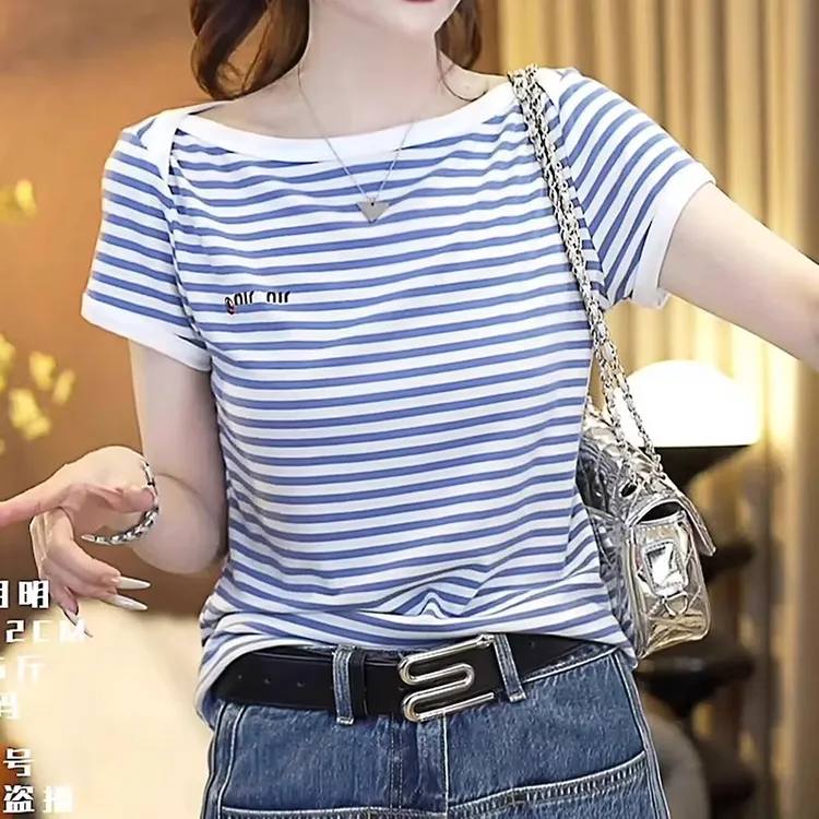 芯娇晴条纹撞色短袖t恤女2025夏季新款宽松显瘦百搭设计感女上衣
