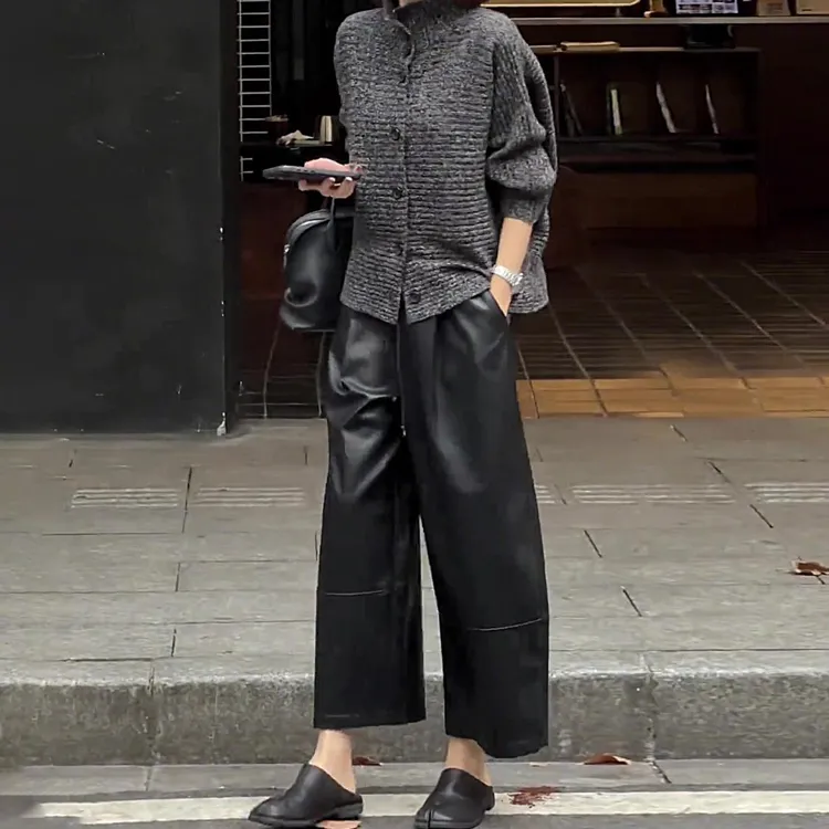 高级感黑色阔腿皮裤女秋冬2026新款加绒保暖小众气质巨显瘦九分裤