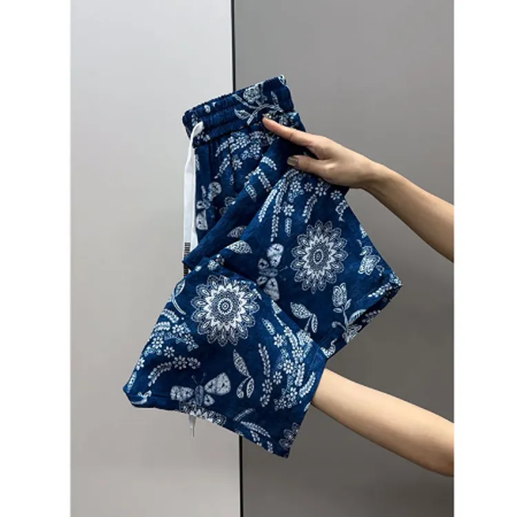 2025新款青花瓷宣麻休闲裤直筒百搭夏季宽松中国风印花