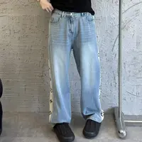 《大韩韩推荐》侧边刺绣牛仔裤大码女装秋冬显瘦直筒百搭水洗松紧腰