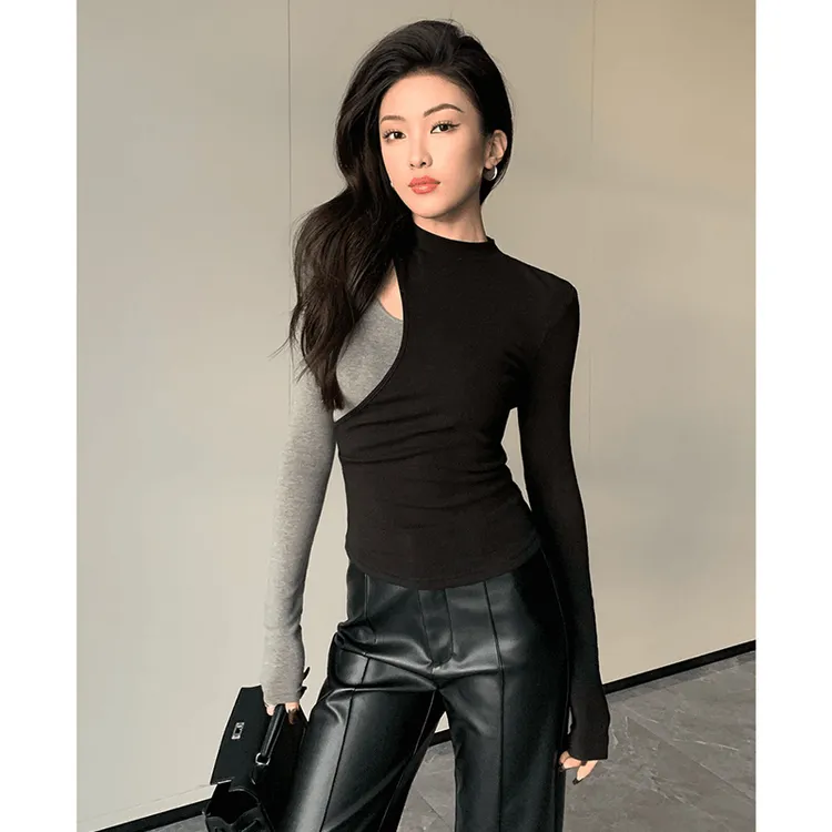 纯欲辣妹风撞色拼接长袖打底衫女早秋新款修身高级感短款针织上衣