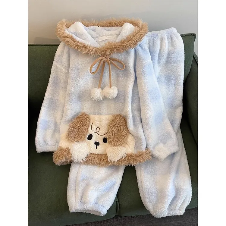 可爱趣味卡通小狗珊瑚绒睡衣女秋冬季可外穿保暖法兰绒家居服套装