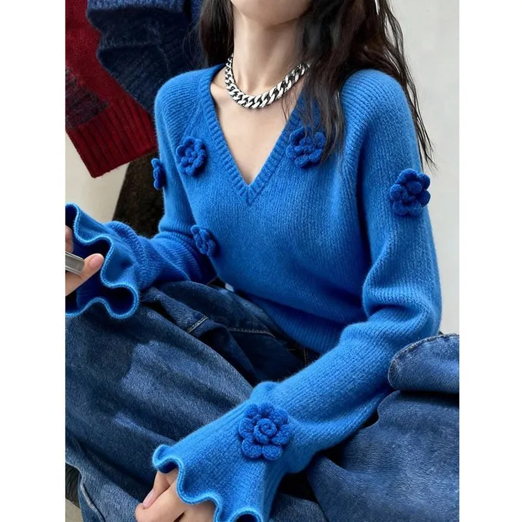 超好看V领独特漂亮蓝色花花针织衫秋季2025新款柔美力量感上衣女