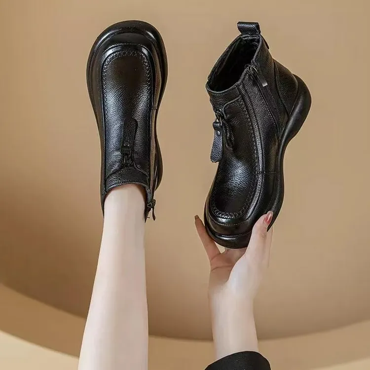 B门店7/9&9！黑气球短靴」头层牛皮羊毛内里御寒妈妈鞋皮鞋女C24754