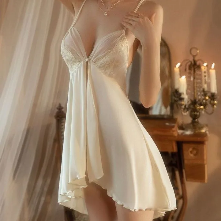 卡通吸管少女法式优雅蕾丝吊带前开性感睡裙仿真丝纯欲缎面睡裙13