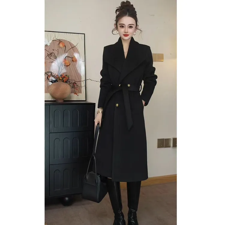 2025冬季新款经典百搭时尚休闲显瘦女士长款风衣外套黑色双面