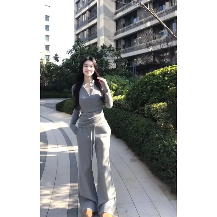 简约通勤风气质修身半开领设计感长袖上衣高腰显瘦直筒百搭阔腿裤