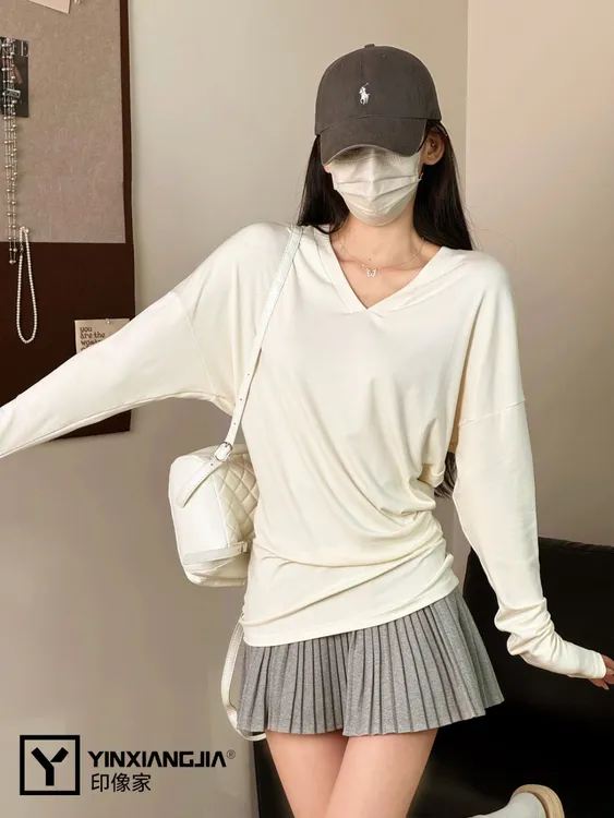 印像家显瘦V领弯刀t慵懒感蝙蝠袖宽松百搭长袖T恤针织时尚上衣