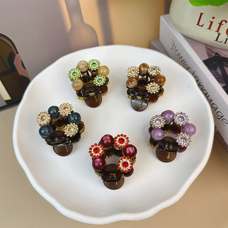 高级感超闪水钻后脑勺半扎发侧边抓夹公主头盘发气质花朵头饰