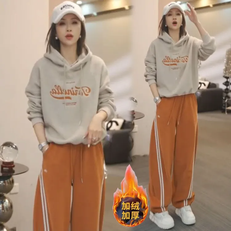 时尚加绒加厚休闲运动套装女秋冬新款宽松连帽卫衣阔腿裤两件套潮