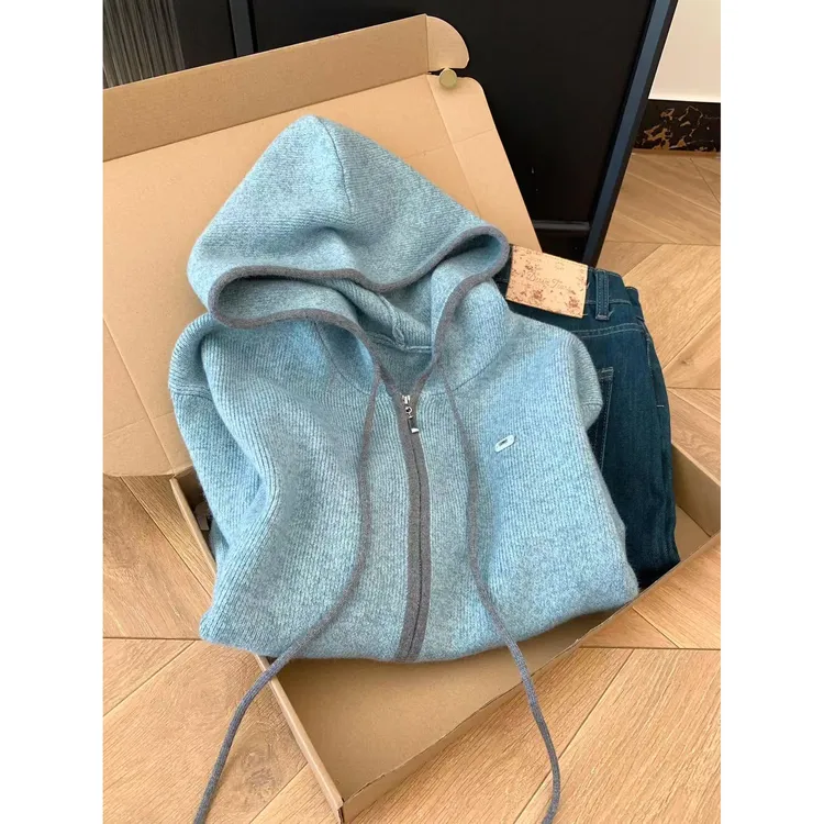 韩系双拉链连帽针织开衫毛衣外套女秋冬时尚新款慵懒百搭宽松上衣