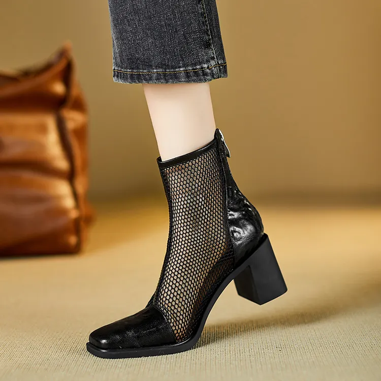 小个子手工女鞋3.5/6.5cm~网纱尖头粗跟透气夏季凉靴透气薄款网靴