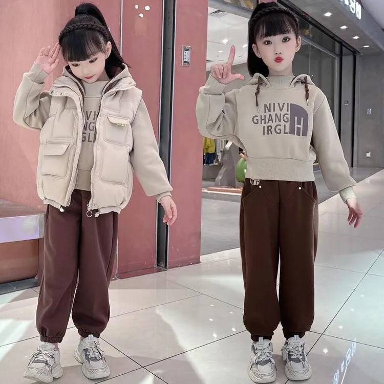 女童加绒加厚中大童新款韩版洋气三件套时尚休闲连帽卫衣马甲套装