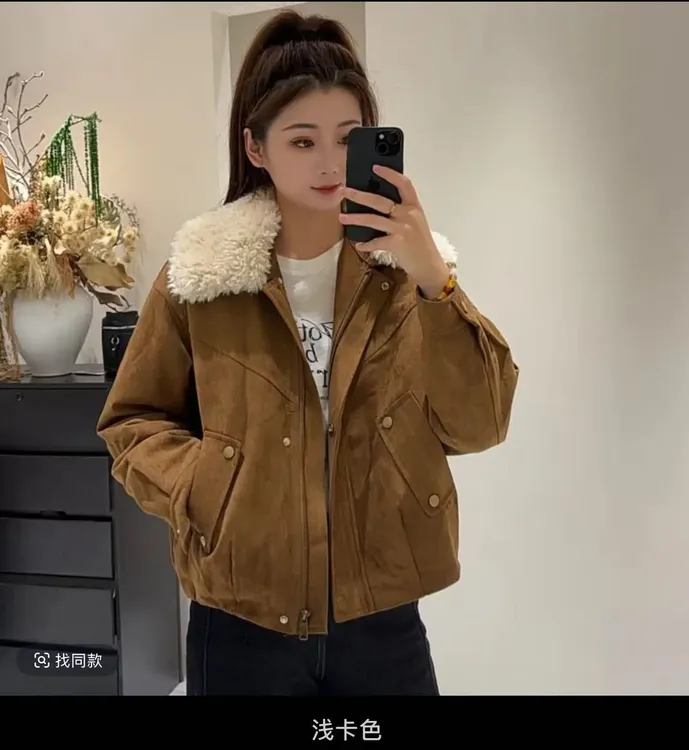 寻一家毛绒大翻领鹿皮绒外套女2025秋冬季新款气质高级感加厚棉服
