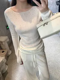 重工烫钻针织衫女秋季一字领毛衣慵懒风气质修身显瘦正肩长袖上衣