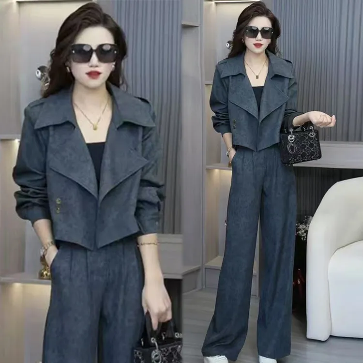 2025年早春新款扎染风衣短款外套上衣+高腰直筒阔腿裤两件套套装