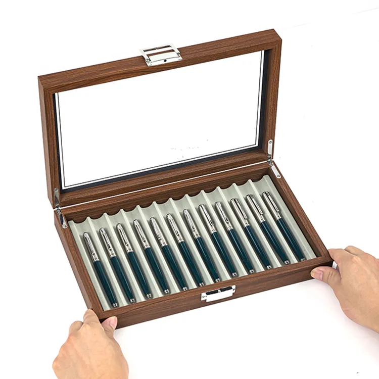 桌面大容量钢笔收纳盒黑胡桃木纹复古文具笔收纳展示箱子防尘柜盒