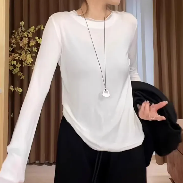 休闲圆领长袖打底衫女秋季新款胖MM大码女装修身显瘦网纱T恤上衣