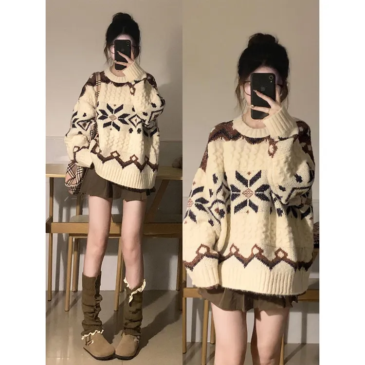 Sibiqi费尔岛毛衣女秋冬季加厚宽松慵懒风设计感套头针织衫圣诞