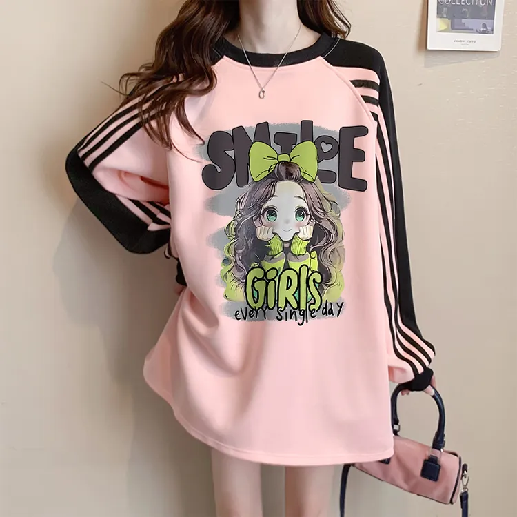 加绒加厚卡通圆领卫衣女秋冬爆款韩版胖mm宽松显瘦大码三条杠上衣