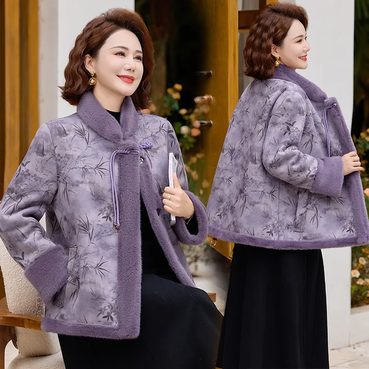 新中式妈妈冬装一体外套女双面穿中国风水貂绒中老年毛呢大衣时尚