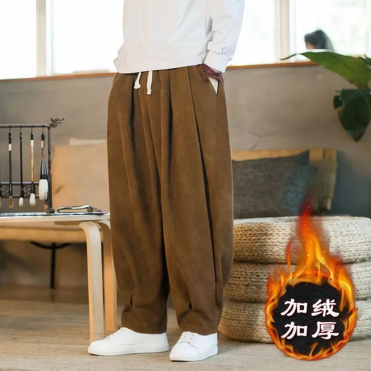灯芯绒裤子男冬季加绒加厚保暖复古风宽松大码休闲裤新中式阔腿裤