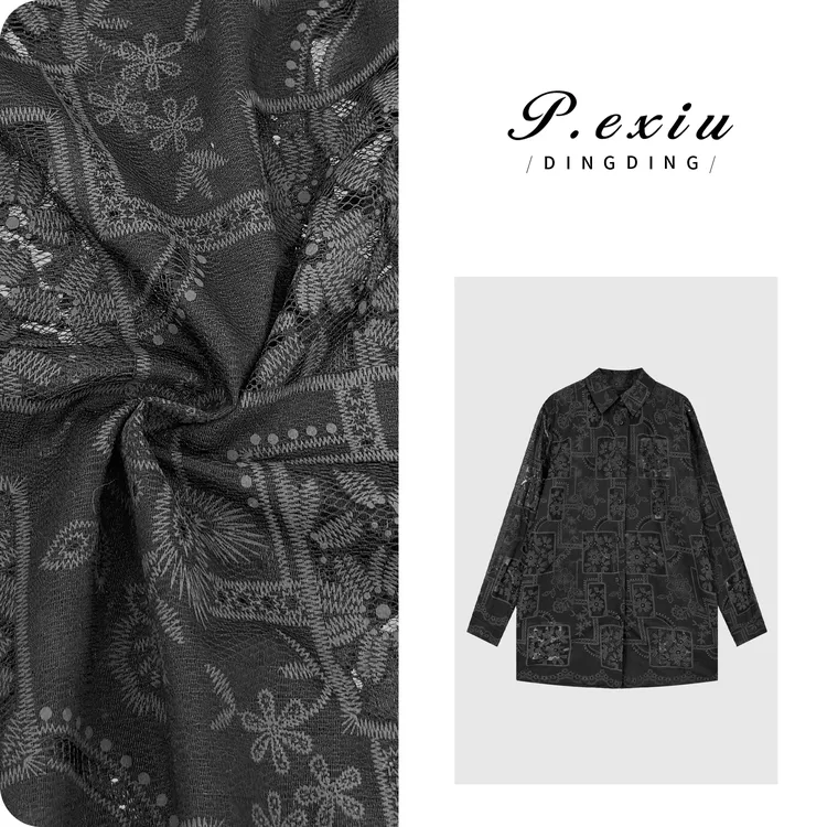 重工花朵刺绣拼接镂空网纱长袖衬衫W-63419