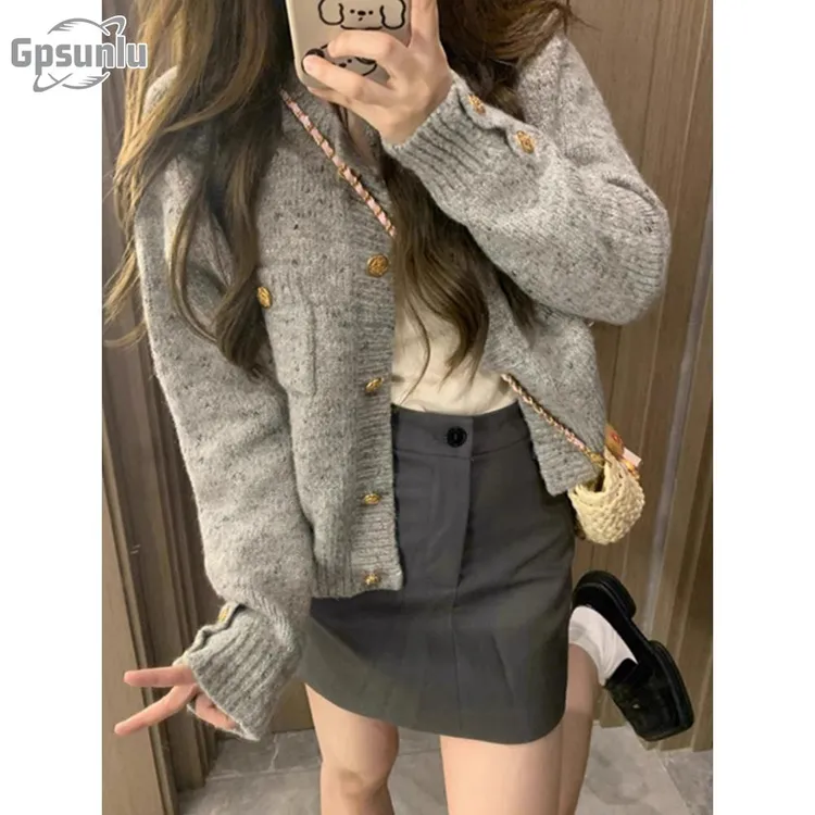 gpsunlu韩版小香风灰色针织短款外套女秋冬季毛衣开衫慵懒风上衣