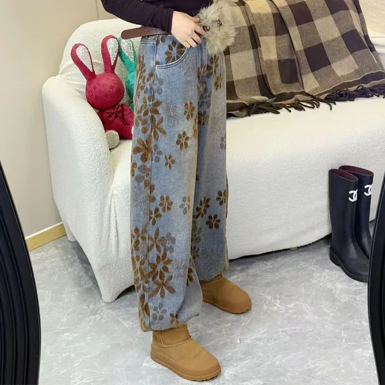 3652冬季新款加厚金丝绒高腰牛仔裤阔腿裤百搭时尚女裤