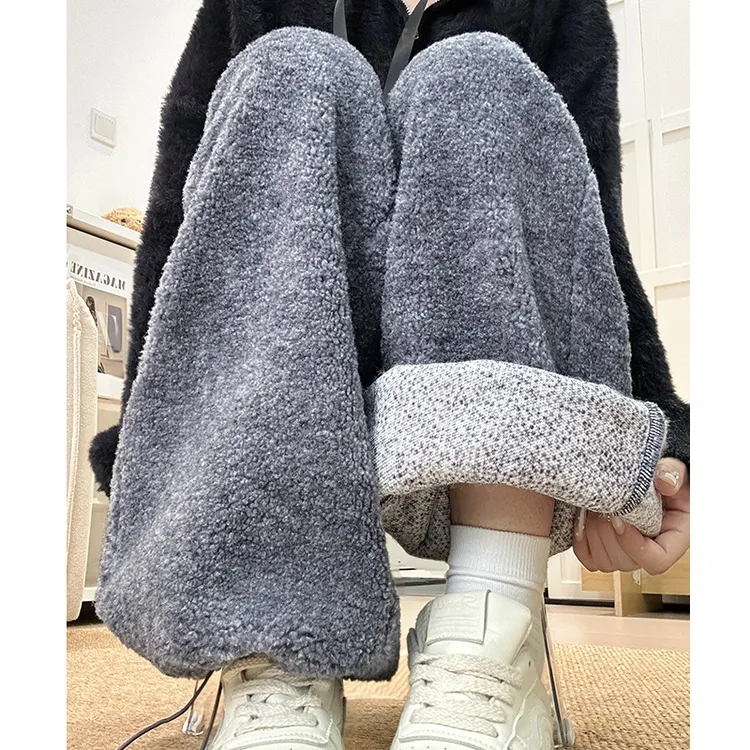 灰色泰迪绒阔腿裤女2025秋冬新款高腰双面羊羔绒慵懒风保暖直筒裤