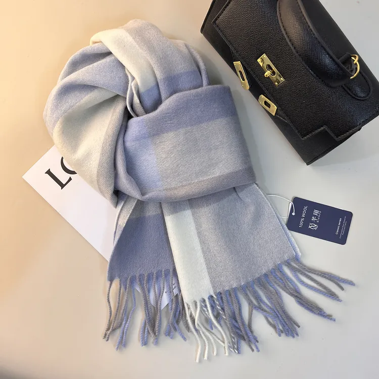 新款wool纯羊毛长款围巾女冬季百搭拼色格子保暖披肩高档羊绒围脖