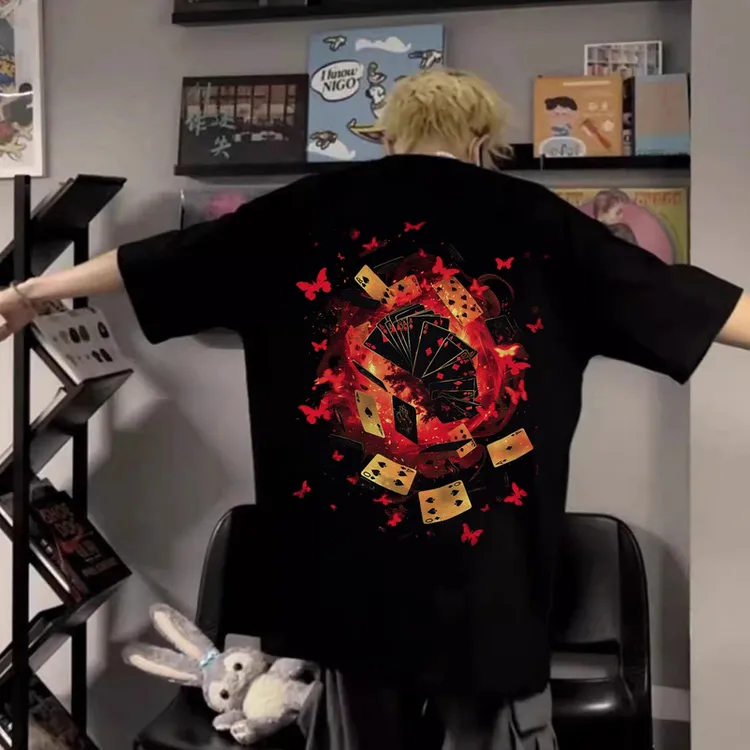 100%纯棉短袖T恤男装复古美式原创扑克印花潮牌上衣夏季新款宽松i