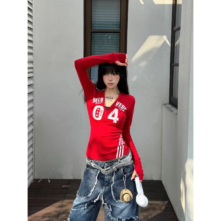 美式复古辣妹红色上衣酷女孩新年会战袍显身材爵士舞jazz演出穿搭