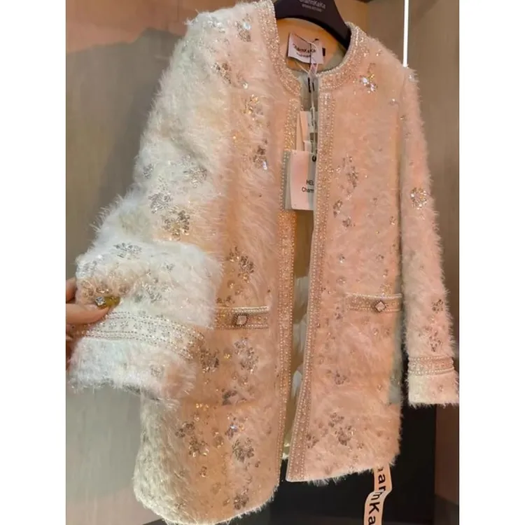 亮片重工高端洋气小香风白色毛毛超好看棉服中长款外套女冬