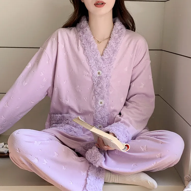 冬季海岛绒保暖蝴蝶睡衣高级气质家居服套装冬款法兰绒薄绒可外穿