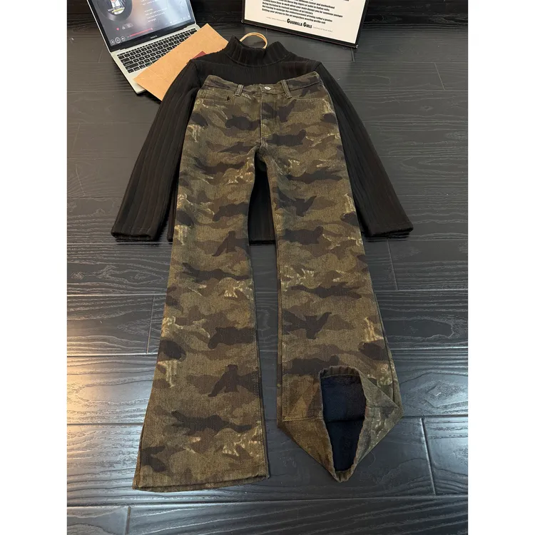 美式复古迷彩牛仔裤男款高街cleanfit加绒工装裤子直筒显瘦微喇裤