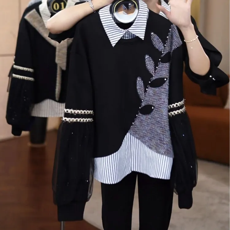 2025秋冬新款小众设计感网纱拼接撞色条纹假两件重工轻奢减龄卫衣